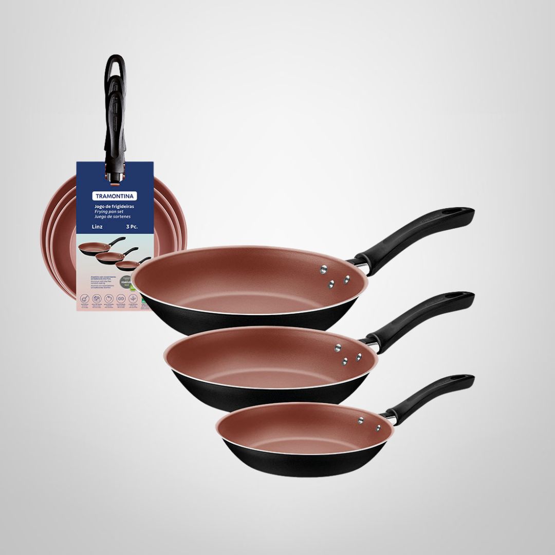 Juego de Sartenes 3 Piezas 16/20/24cm Antiadherente &quot;Linz&quot; Negro/Cobre TRAMONTINA