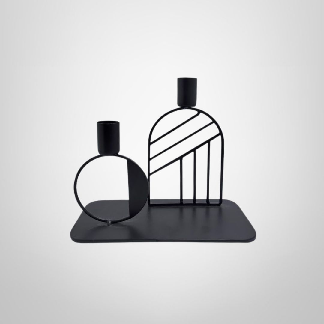 Candelabro Doble de Metal Negro &quot;Geo&quot; 18x8x16cm