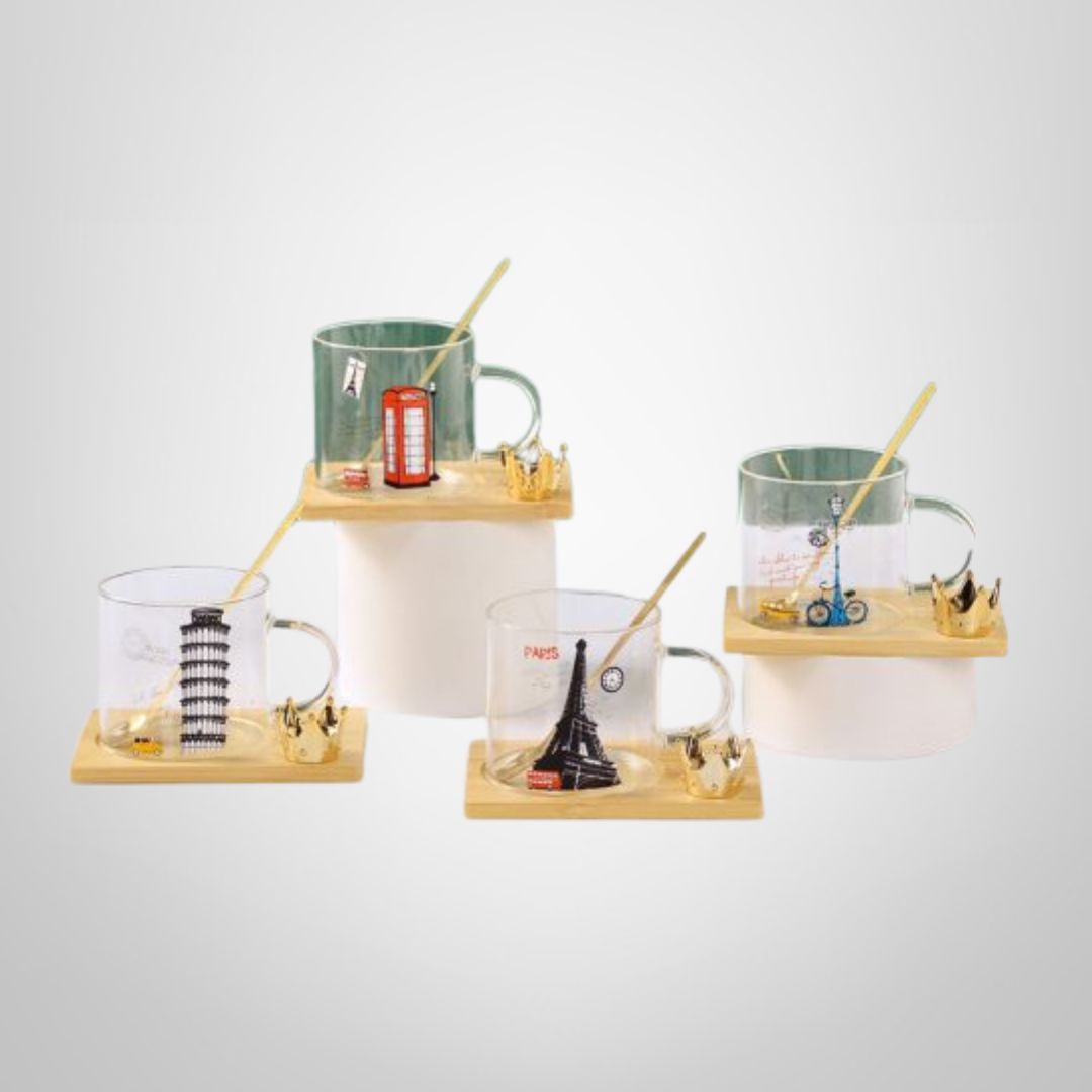 Taza de Vidrio &quot;City&quot; c/Plato Madera y Cuchara 300ml