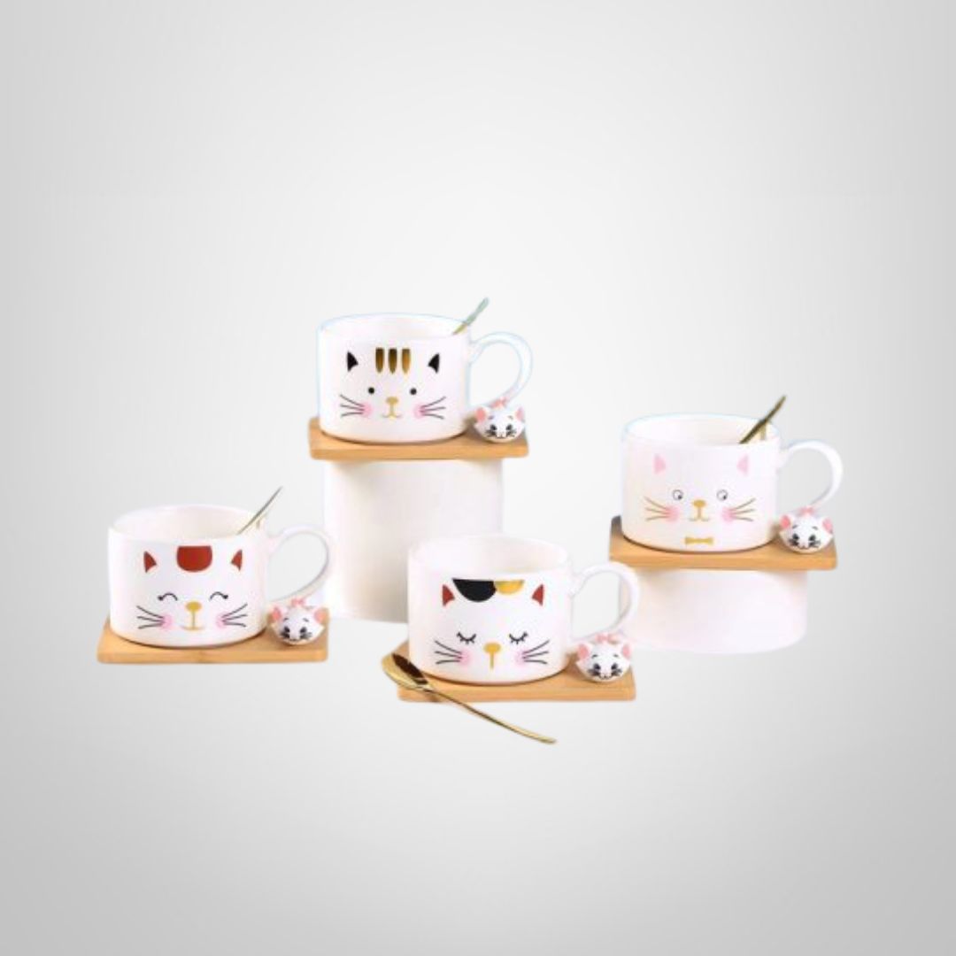Taza de Cerámica &quot;Kitten&quot; c/Base de Madera y Cuchara 250ml