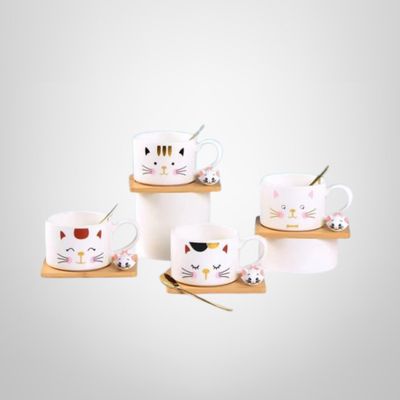 Taza de Cerámica &quot;Kitten&quot; c/Base de Madera y Cuchara 250ml