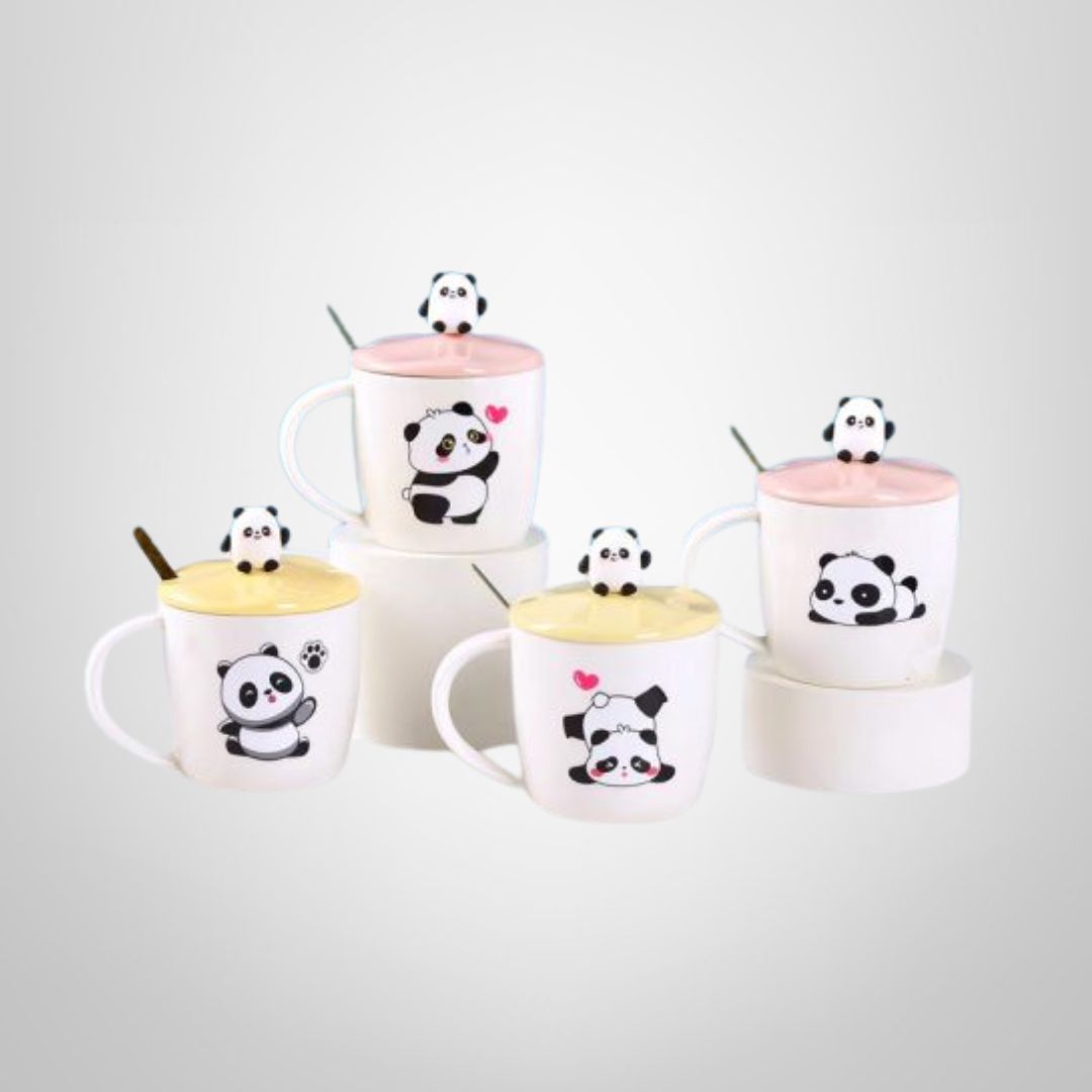 Taza de Cerámica &quot;Panda&quot; c/Tapa y Cuchara 350ml