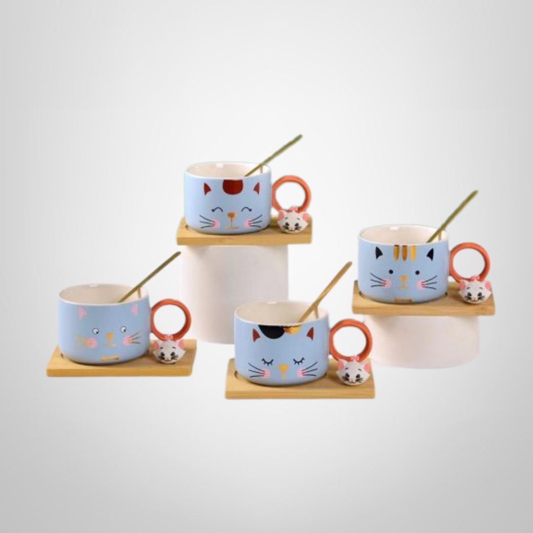 Taza de Cerámica &quot;Cat&quot; c/Plato de Madera y Cuchara 250ml