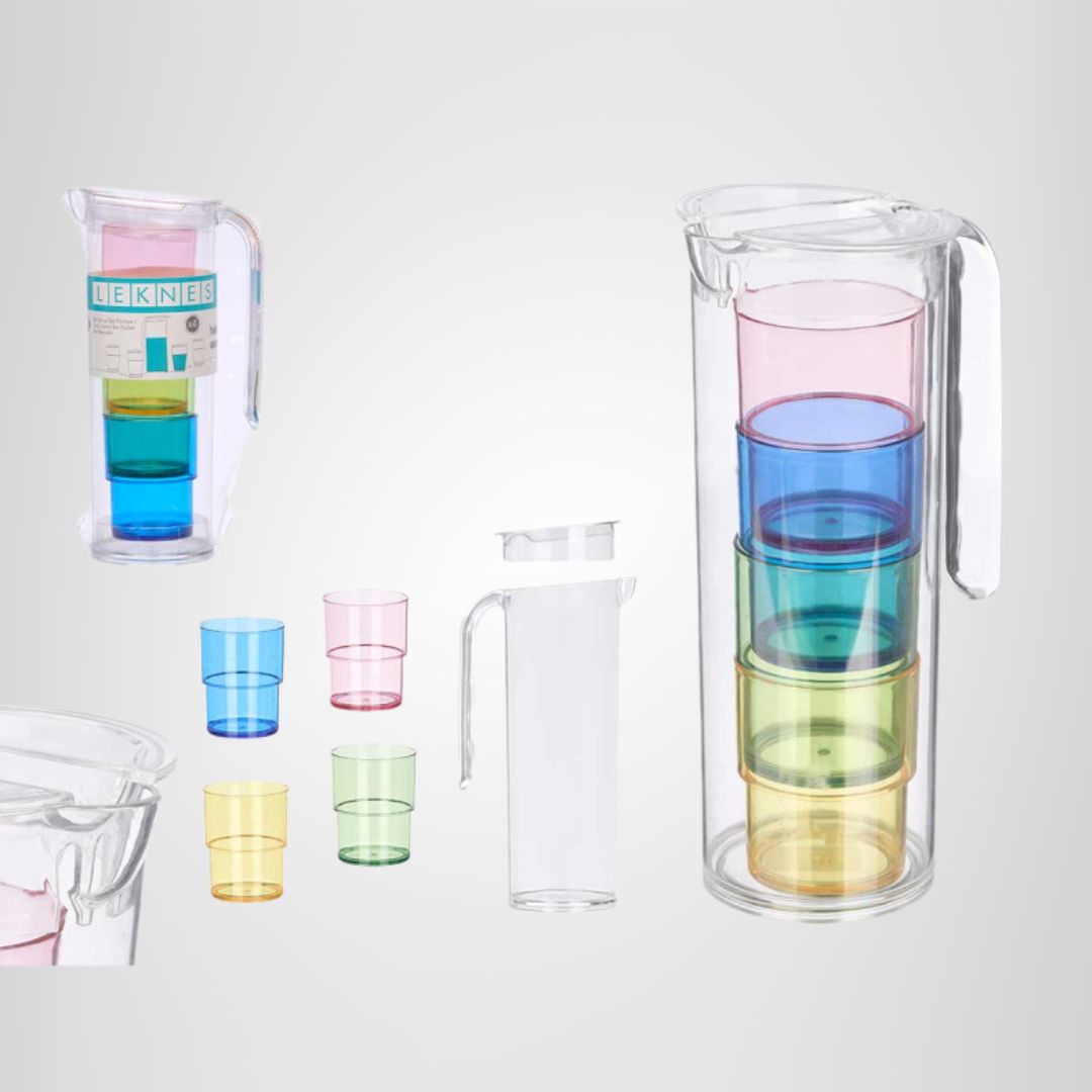 Set jarra 1,6L + 4 vasos de colores