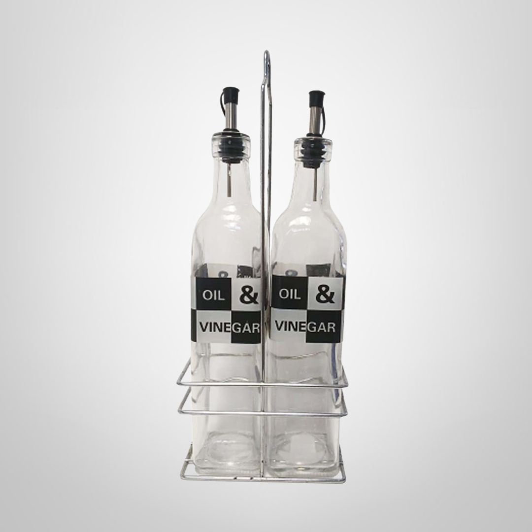 Set de Aceitera/Vinagrera de Vidrio 500ml  c/Soporte de Metal
