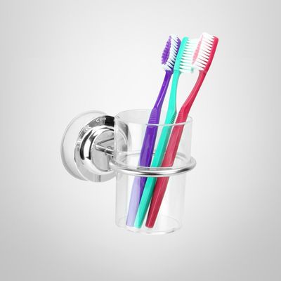 Porta Cepillos de Acero Inoxidable de Pared c/Ventosa y Vaso de Acrílico Transparente