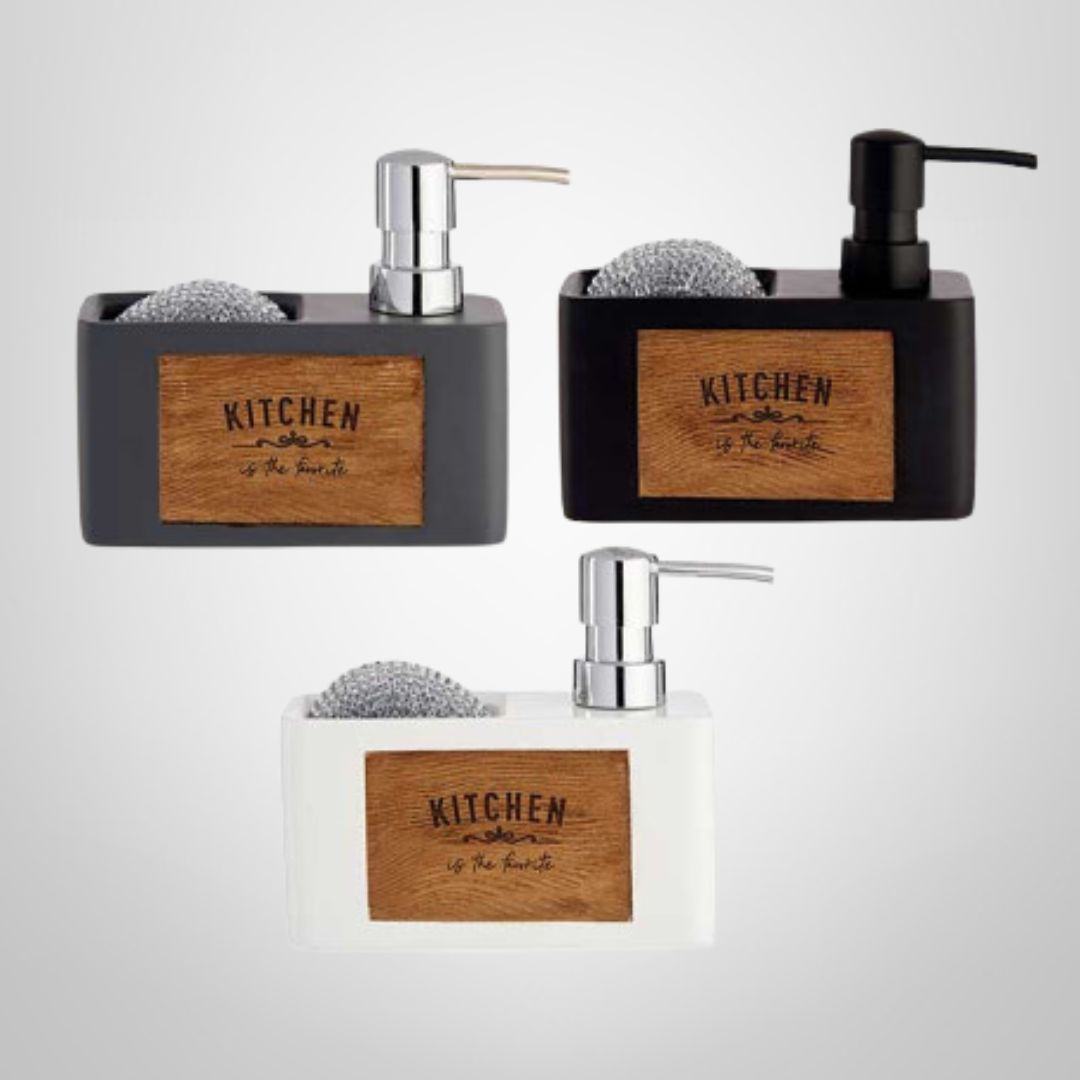 Dispensador de Detergente c/Porta Esponja y Esponja de Cerámica KINVARA