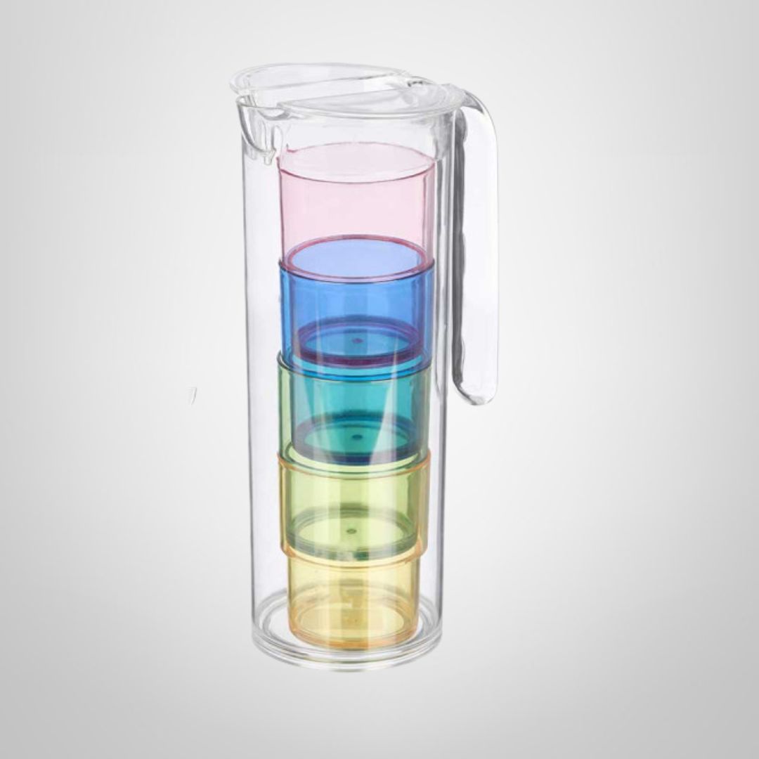 Set Jarra 1,6 Litros + 4 Vasos de Colores de Acrilico