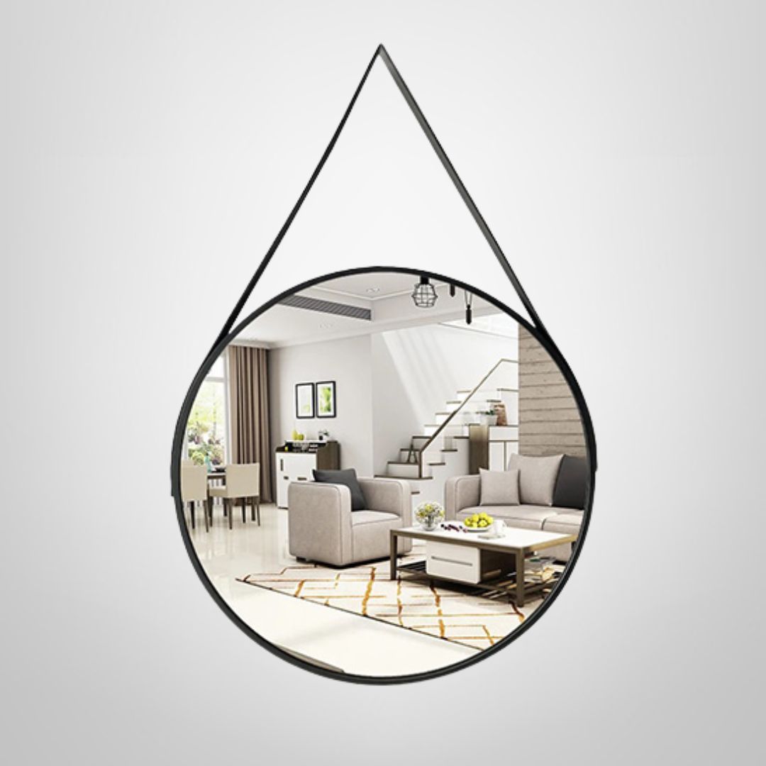 Espejo Redondo Colgante 60cm Negro con Tira Imitación Cuero