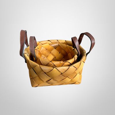 Juego de 2 Canastos Cuadrados de Fibra Natural c/Asas de Simil Cuero Marrón