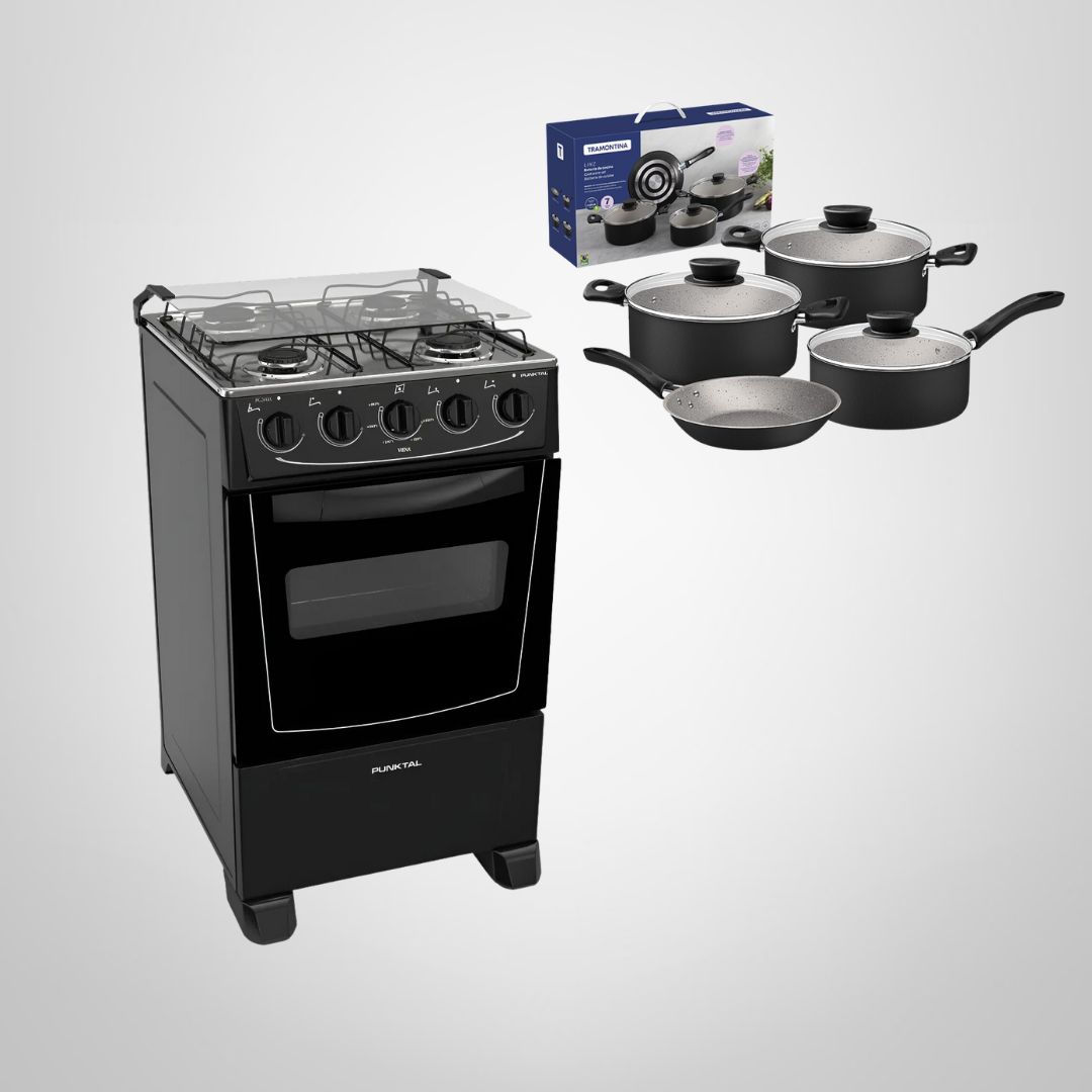 Combo Cocina a Gas PUNKTAL Negra + Juego de Cocina 7 Piezas &quot;Linz&quot; de TRAMONTINA