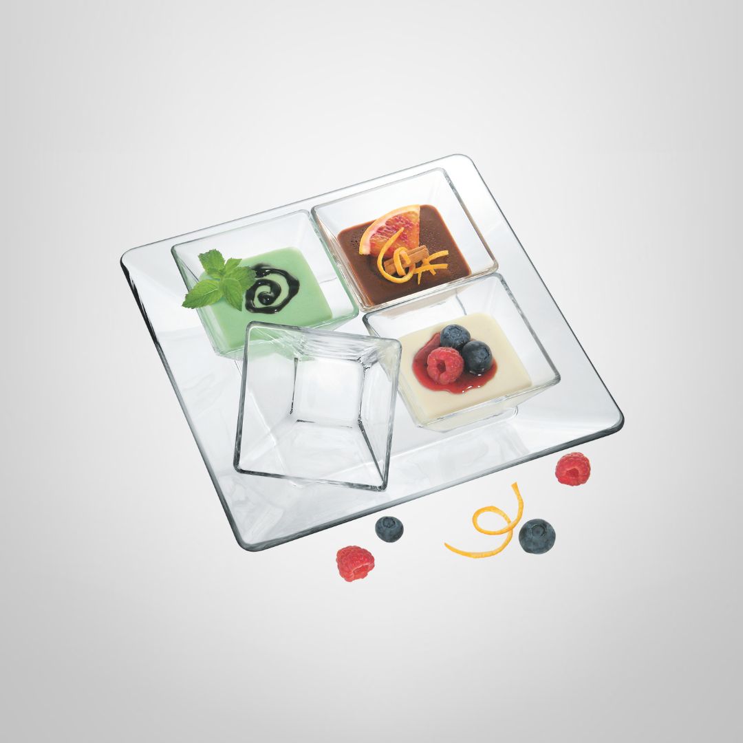 Copetinero de Vidrio Templado Plato + 4 Bowls Cuadrados BORGONOVO