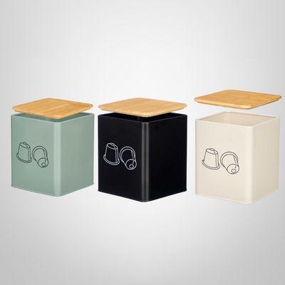 Recipiente Cuadrado de Metal c/Tapa de Bambu "Portacapsulas" KINVARA