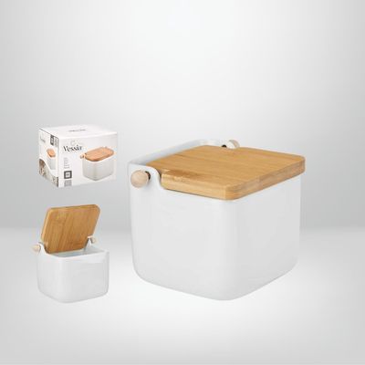 Salero de Cerámica Blanco c/Tapa de Bambú KINVARA