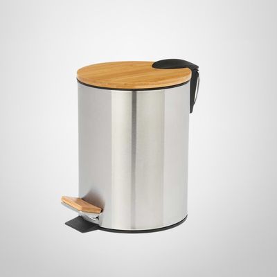 Basurero de Acero Inoxidable c/Pedal y Tapa de Bambu 5 Litros