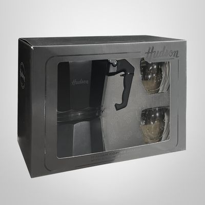 Set Cafetera Italiana 6 Tazas + 2 Vasos Doble Vidrio "Total Black" HUDSON