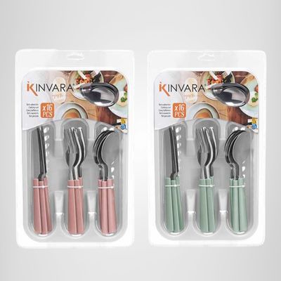 Juego de Cubiertos de Acero Inoxidable c/Mango Plastico 16 Piezas + Cubertera de Plástico