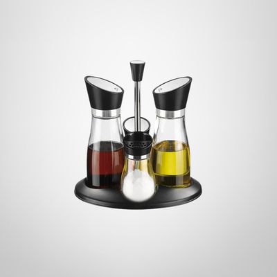 Set Condimentero 5 Piezas de Vidrio y Acero Inoxidable