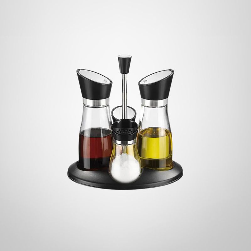 Set Condimentero 5 Piezas de Vidrio y Acero Inoxidable
