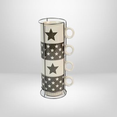 Juego de 4 Tazas Apilables de Cerámica c/Soporte de Hierro