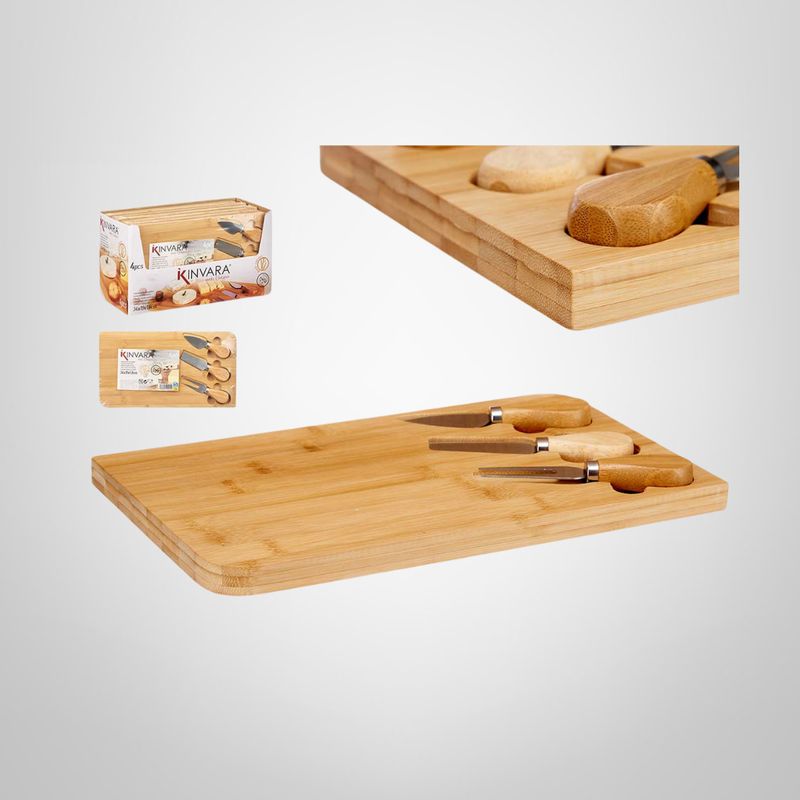 Set Tabla de Bambú + 3 Utensilios para Quesos KINVARA