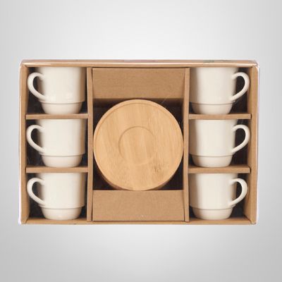 Juego de 6 Tazas de café de Porcelana Blancas c/Platos de Bambu KINVARA