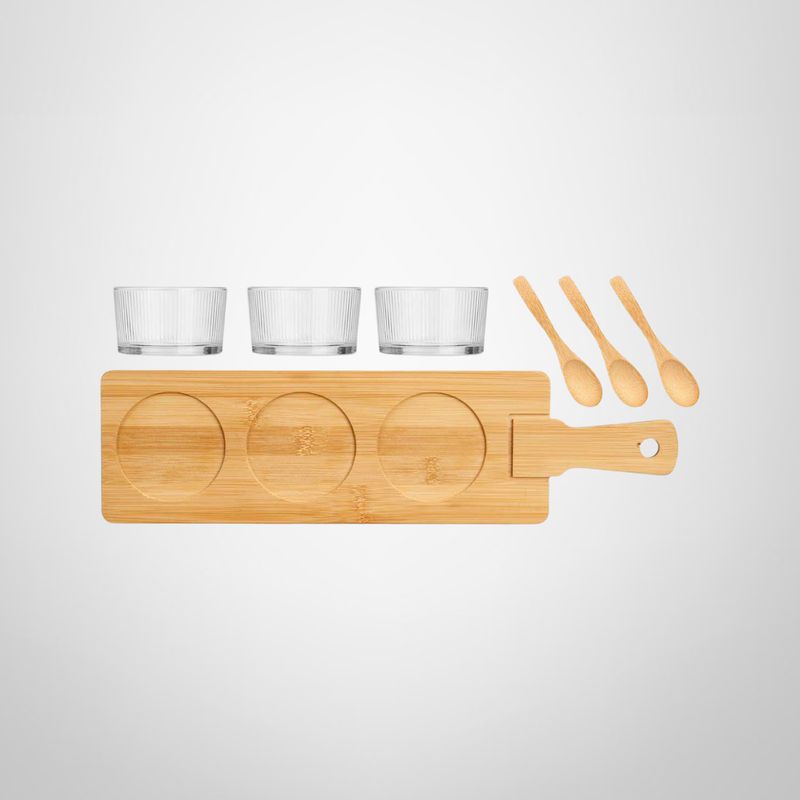 Set Copetinero de Vidrio c/Bandeja + Cucharas de Bambú
