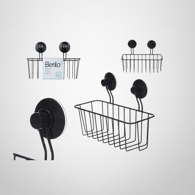 Canasto Rectangular para Pared de Metal Negro Mate c/Ventosas 10x24x18 cm