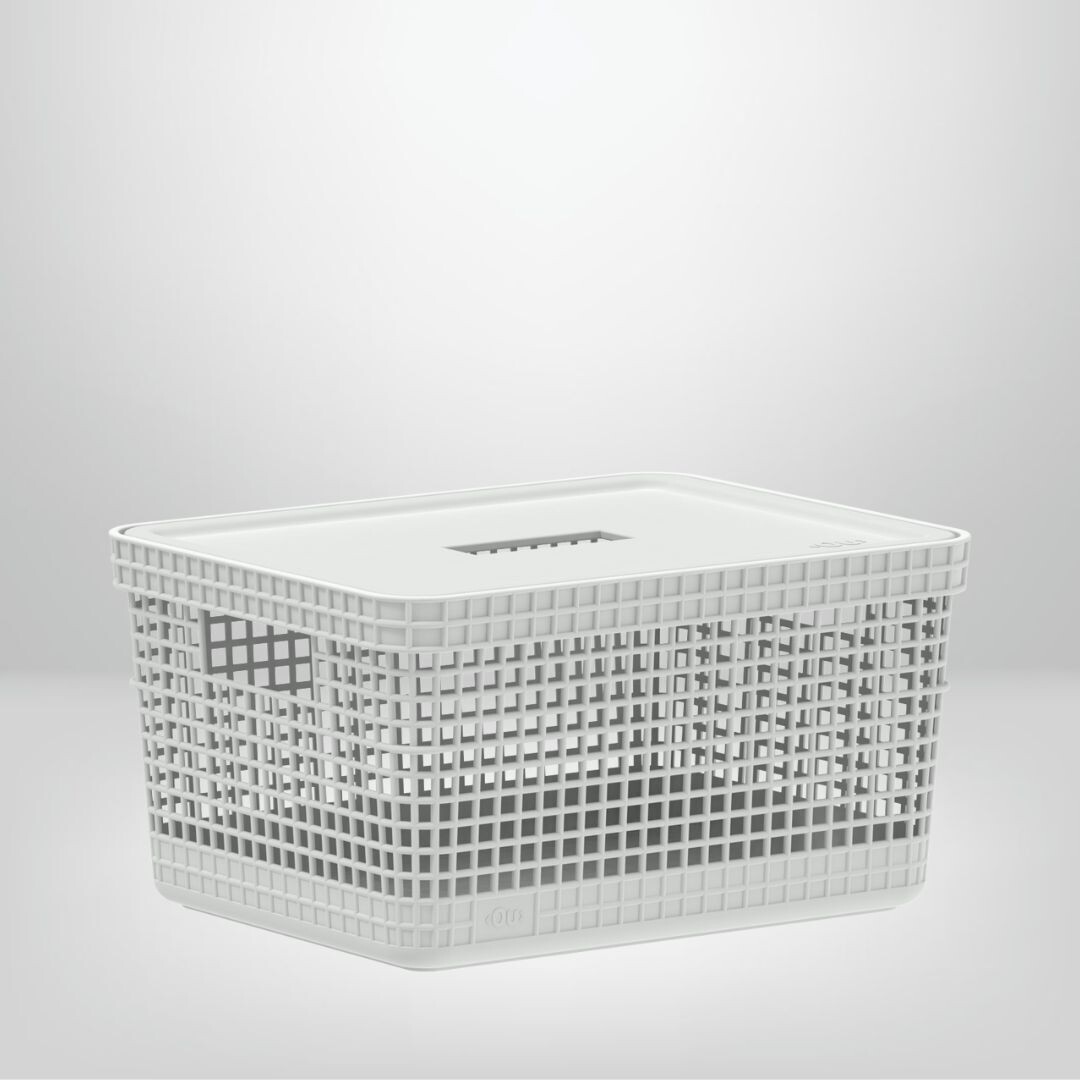 Caja Organizadora Símil Rattán c/Tapa de 8 Litros  "Grid" OU, Color: Blanco