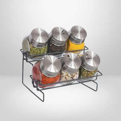 Rack Condimentero Especiero de Acero Inox. 7 Piezas c/Base Negra HUDSON