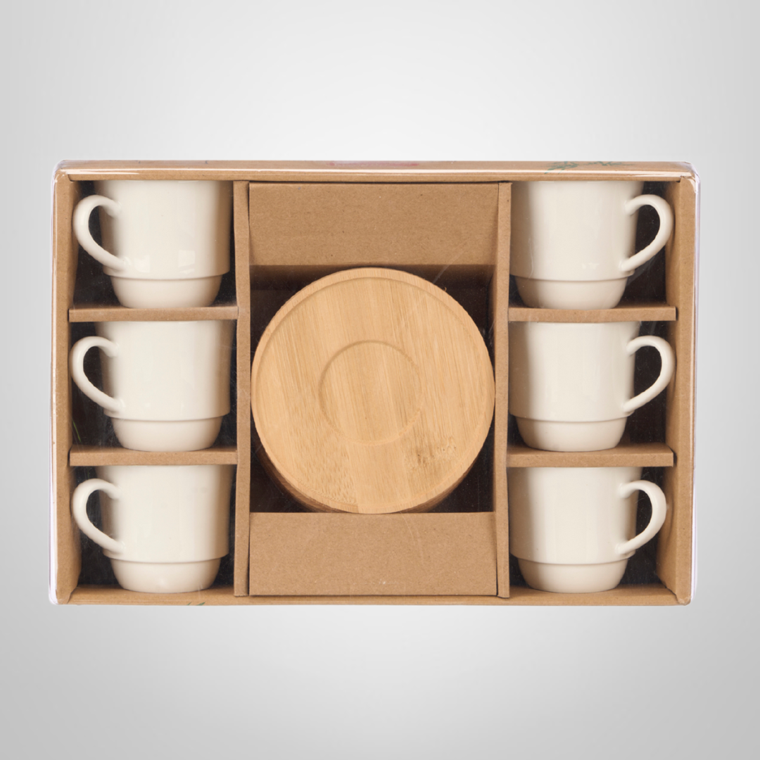 Juego de 6 Tazas de café de Porcelana Blancas c/Platos de Bambu KINVARA