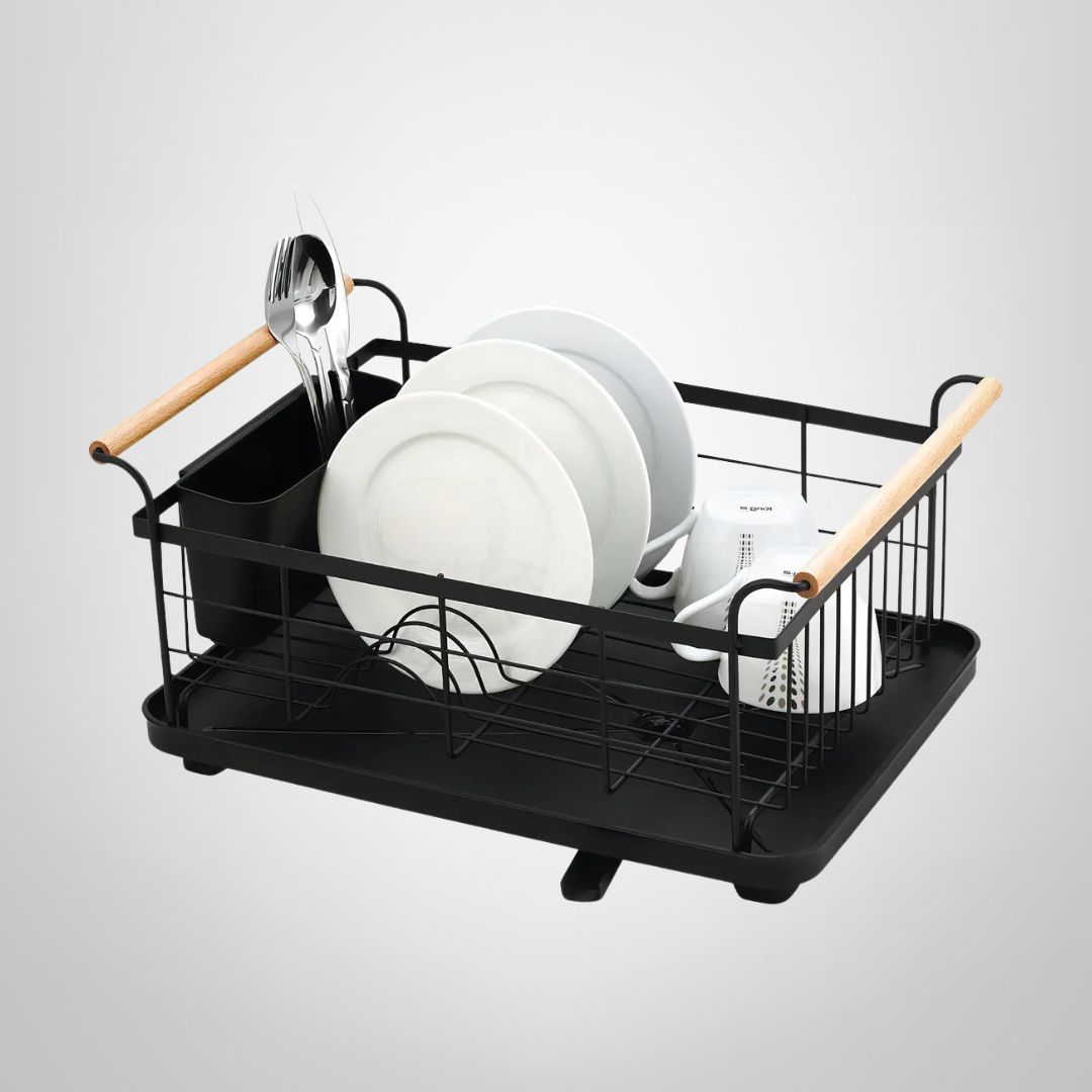 Escurridor de Vajilla 1 Piso Negro c/Asas de Madera KASSEL