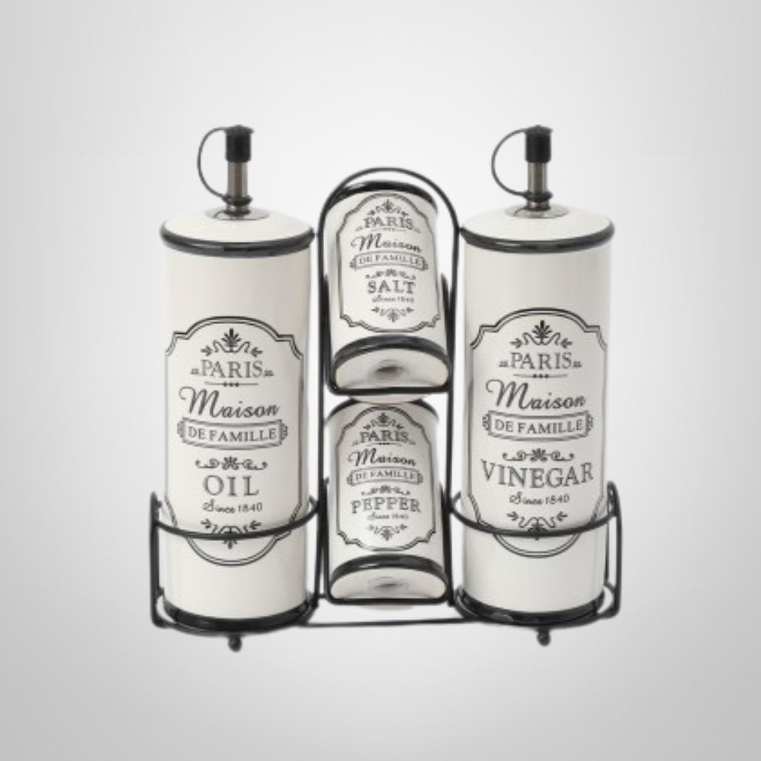 Set Condimentero 5 Piezas de Cerámica c/Soporte de Metal  "Vintage"
