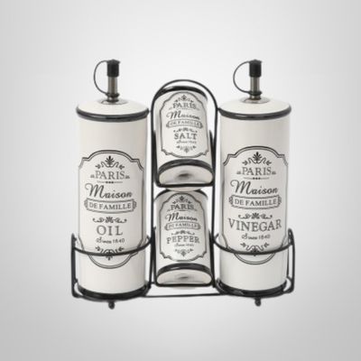 Set Condimentero 5 Piezas de Cerámica c/Soporte de Metal  "Vintage"