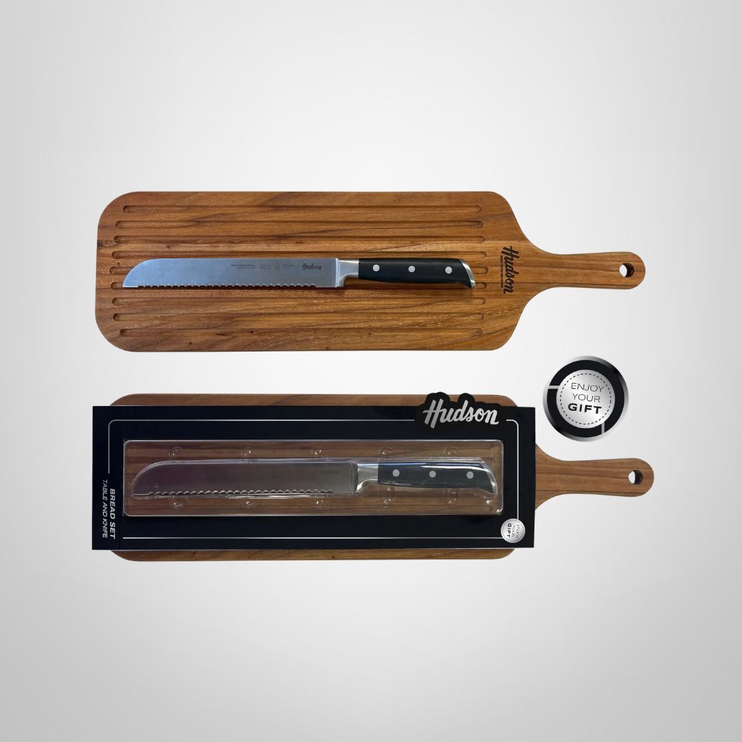 Set Tabla de Madera c/Mango + Cuchillo de Pan Profesional HUDSON