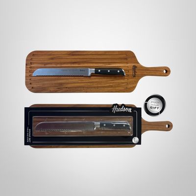 Set Tabla de Madera c/Mango + Cuchillo de Pan Profesional HUDSON
