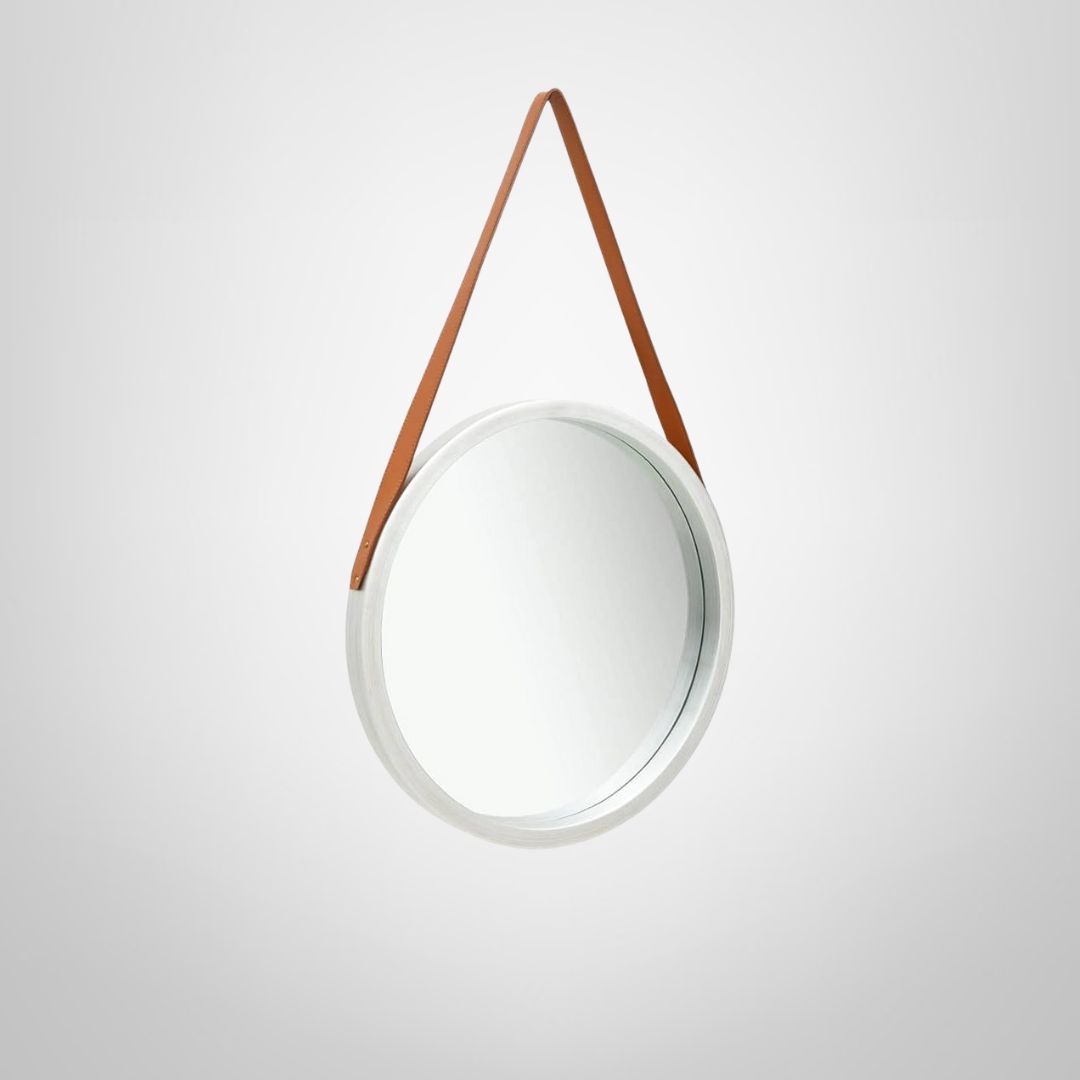 Espejo Redondo 50cm c/Marco Blanco y Tira Símil Cuero