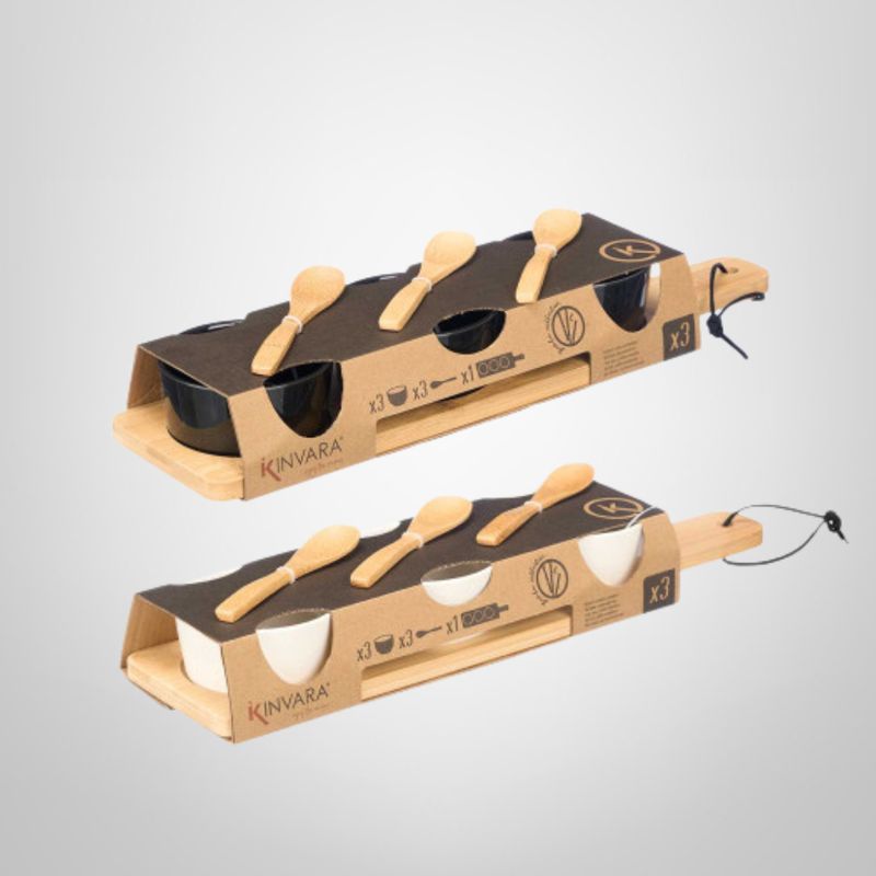 Set de 3 Bowls de Cerámica + 3 Cucharas y Bandeja de Bambú 10x39x6cm KINVARA