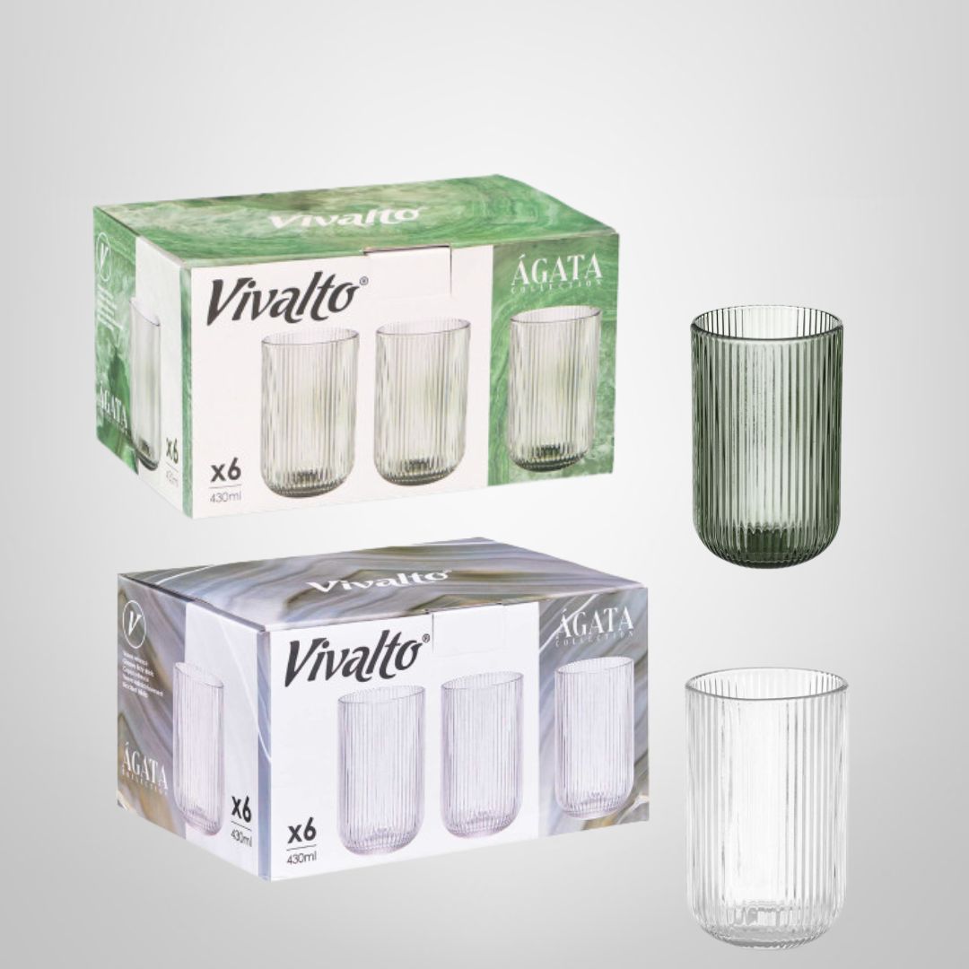 Juego de 6 Vasos de Vidrio Altos 430ml "Rayas" VIVALTO