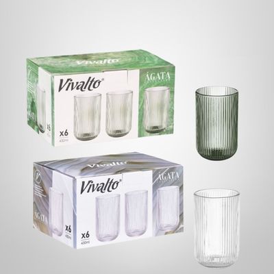 Juego de 6 Vasos de Vidrio Altos 430ml "Rayas" VIVALTO