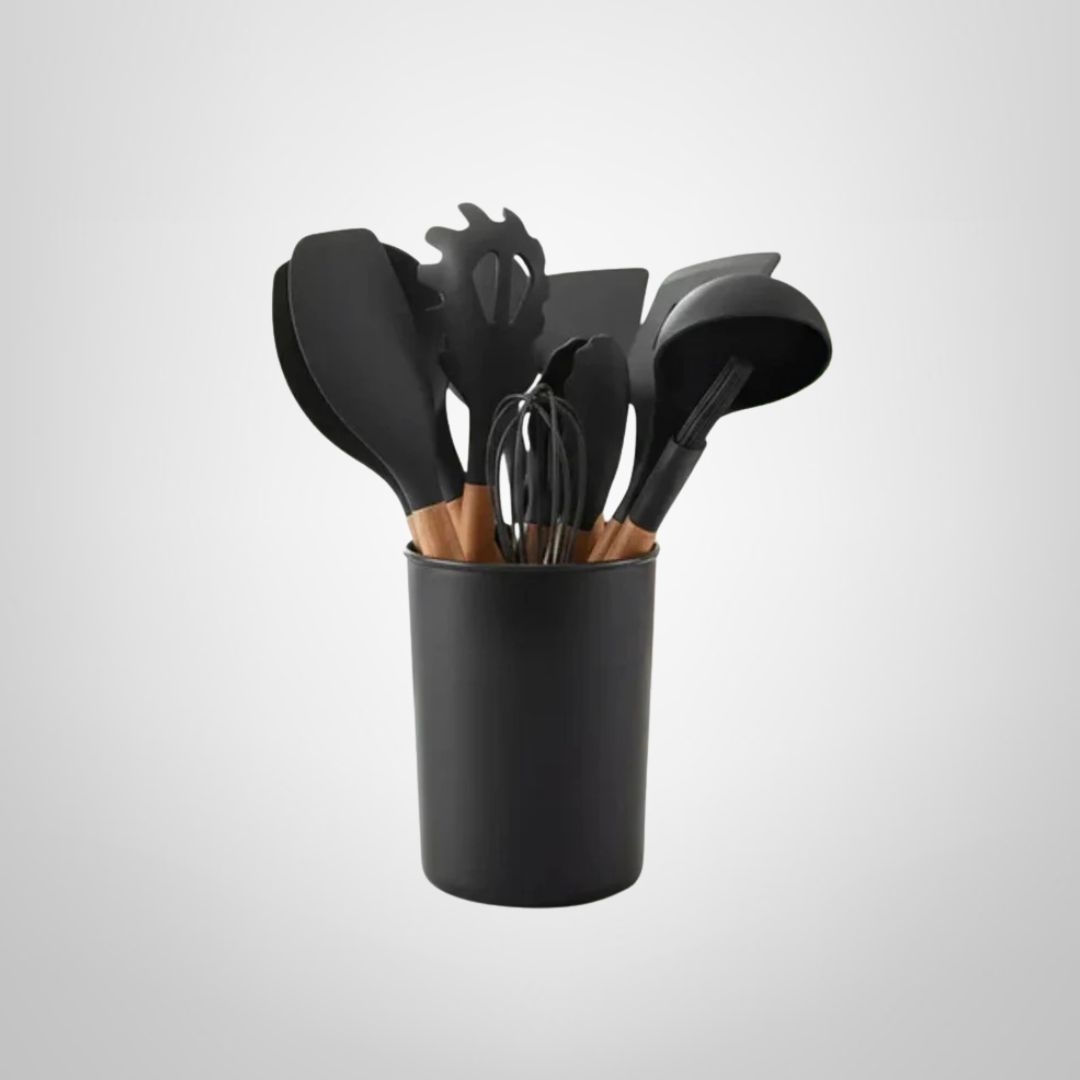 Juego de Menaje 12 Piezas de Madera y Silicona Negro KASSEL