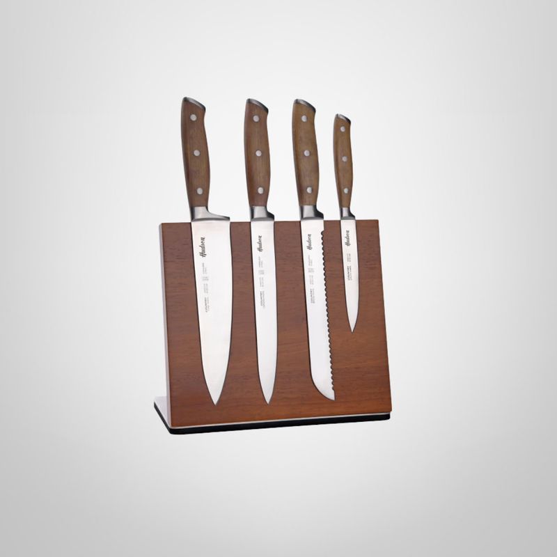 Juego de 4 Cuchillos de Acero Inoxidable c/Mango de Madera y Taco Magnético HUDSON
