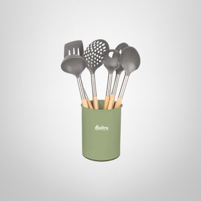 Jgo de Utensilios de Silicona c/Mango de Madera y Soporte de Plástico 7 Piezas "Olive" HUDSON