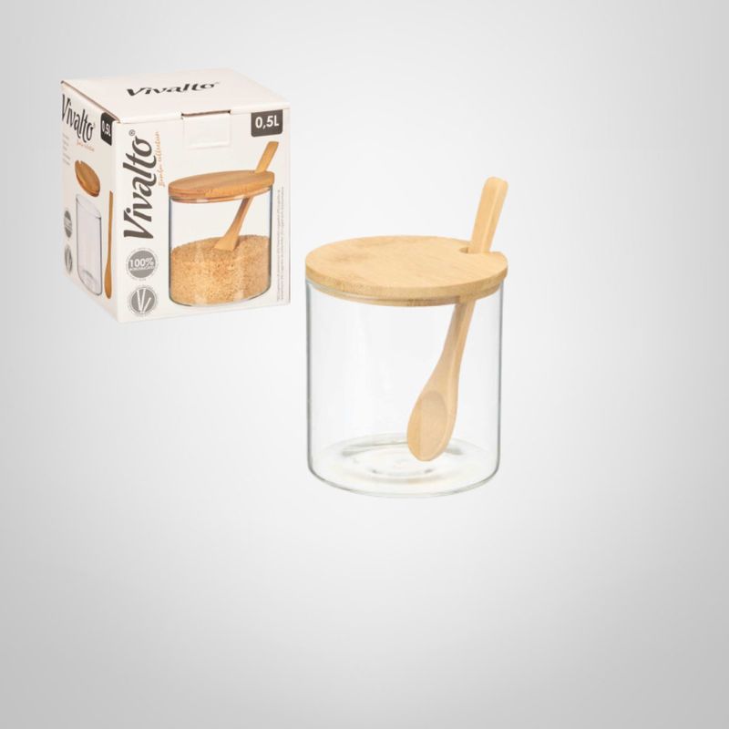 Azucarero de Borosilicato c/Tapa y Cuchara de Bambú 500ml VIVALTO