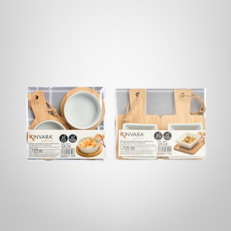 Set de 2 Bowls Aperitivos de Cerámica c/Bandeja de Bambú KINVARA