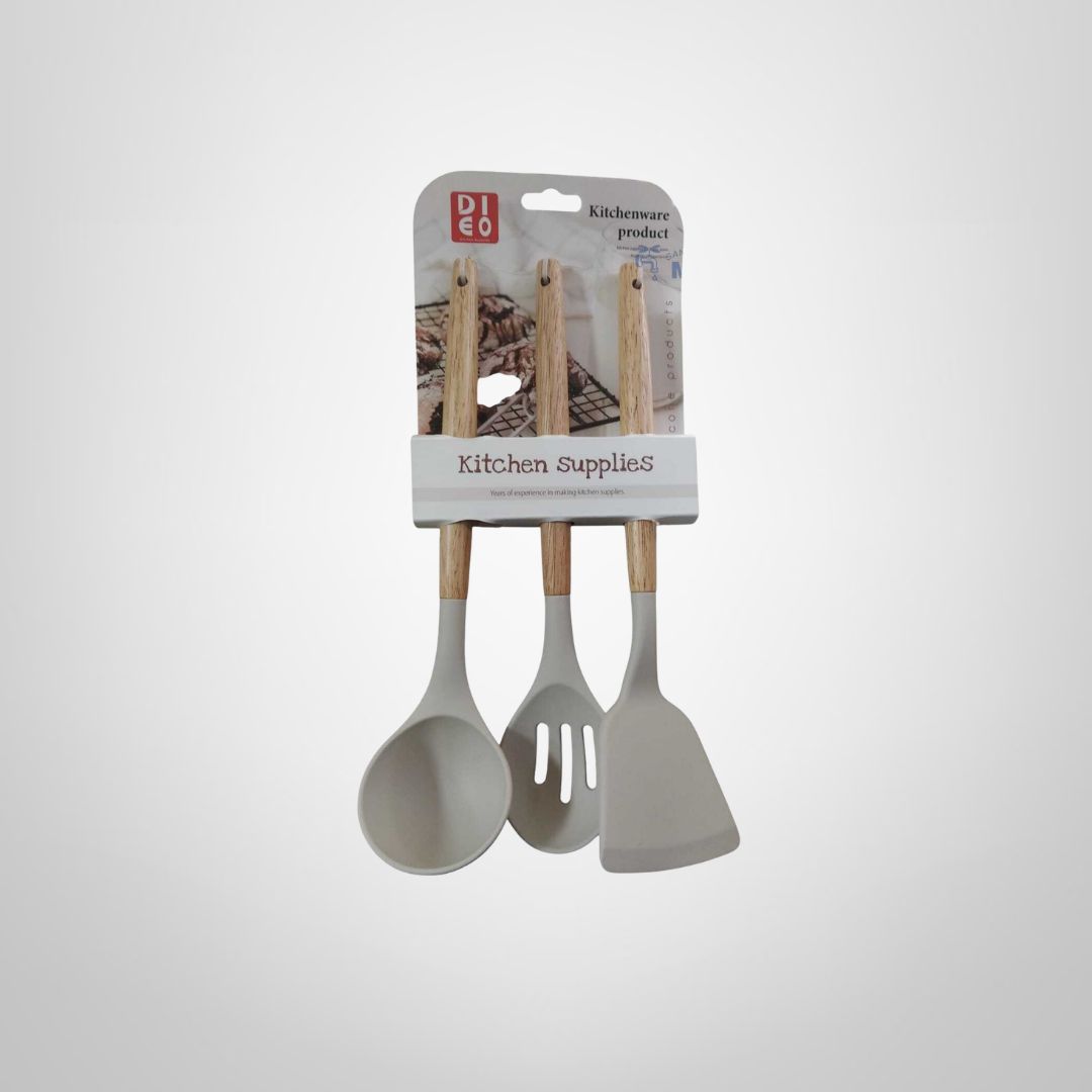 Set de 3 Utensilios de Menaje de Silicona c/Mango de Bambú