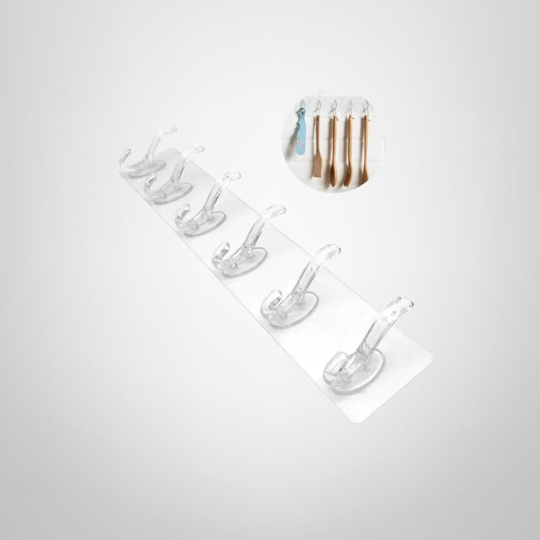 Perchero Adhesivo 6 Ganchos Dobles Transparentes 35x6,5cm