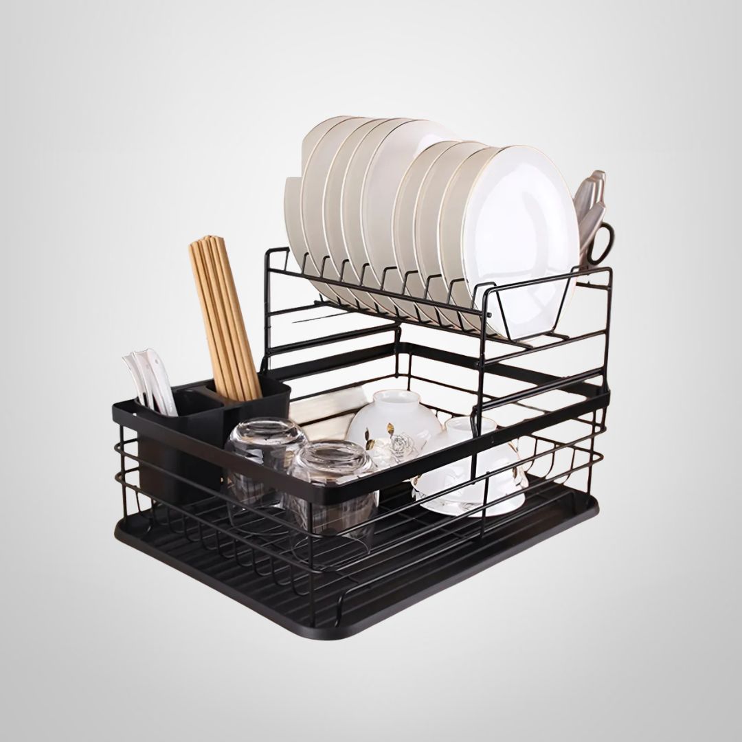 Escurridor de Vajilla de Acero Negro 2 Pisos c/Bandeja y Escurre Cubiertos 42x31x22cm