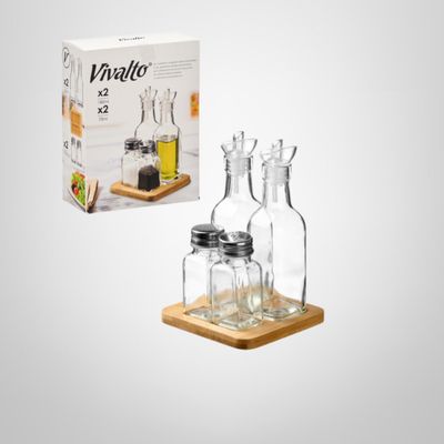 Set Condimentero  5 Piezas de Vidrio c/Bandeja de Bambú KINVARA