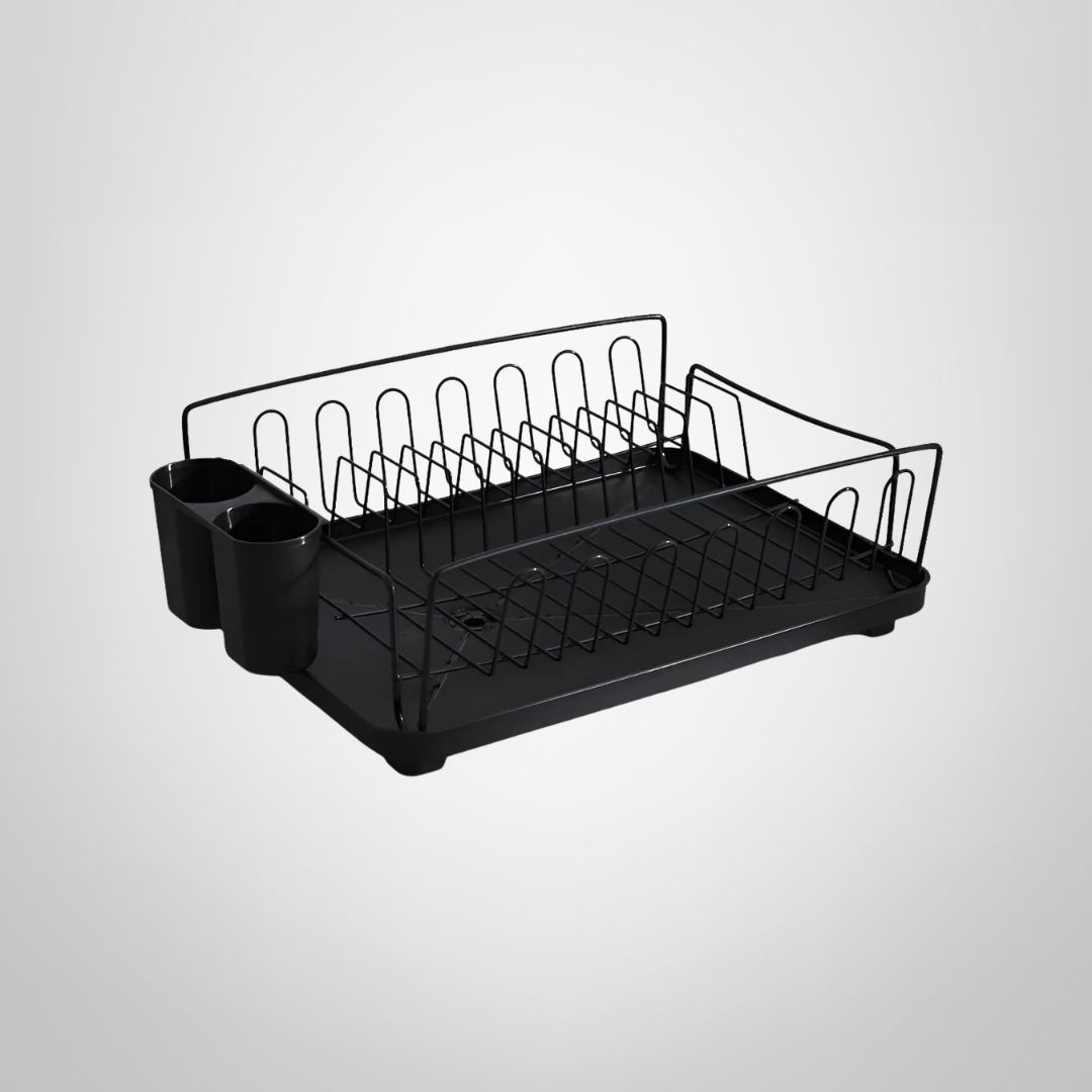 Escurridor Simple de Acero Negro c/Bandeja y Escurre Cubiertos 42x30x14cm